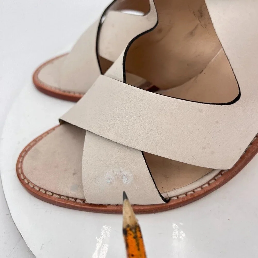 Loeffler Randall Women Size 10B Cream Beige Leather Peep Toe Buckle Heel Sandal